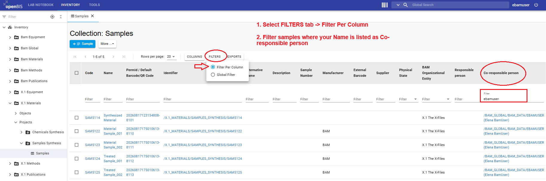 Filter samples by co-responsible person