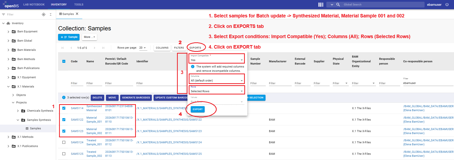 Select samples to batch update and export excel file