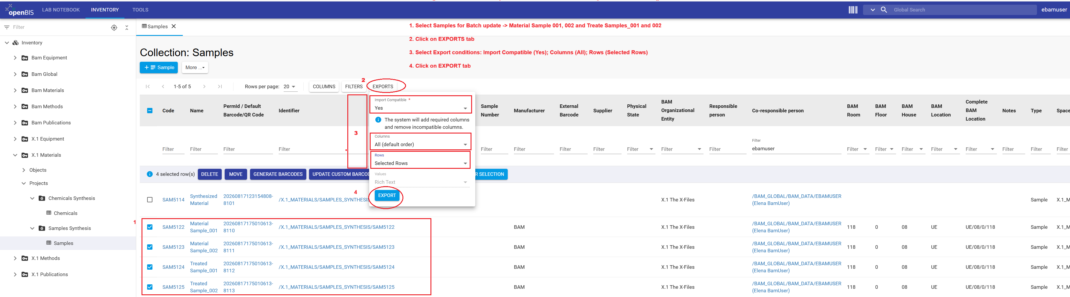 Select samples to batch update and export excel file