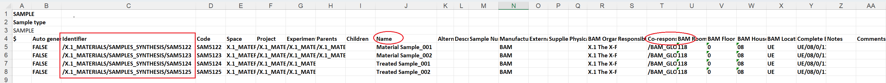 Example Excel file for Samples for batch updates
