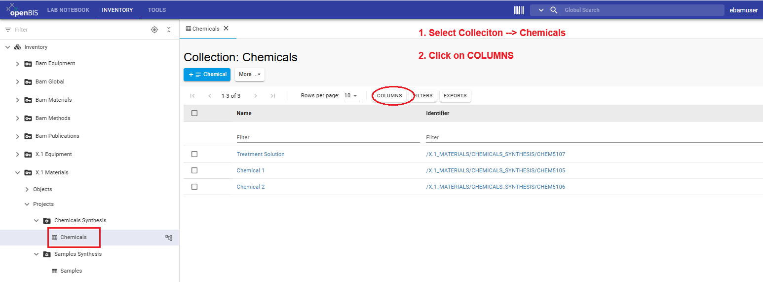 Navigate to Chemicals collection to filter columns