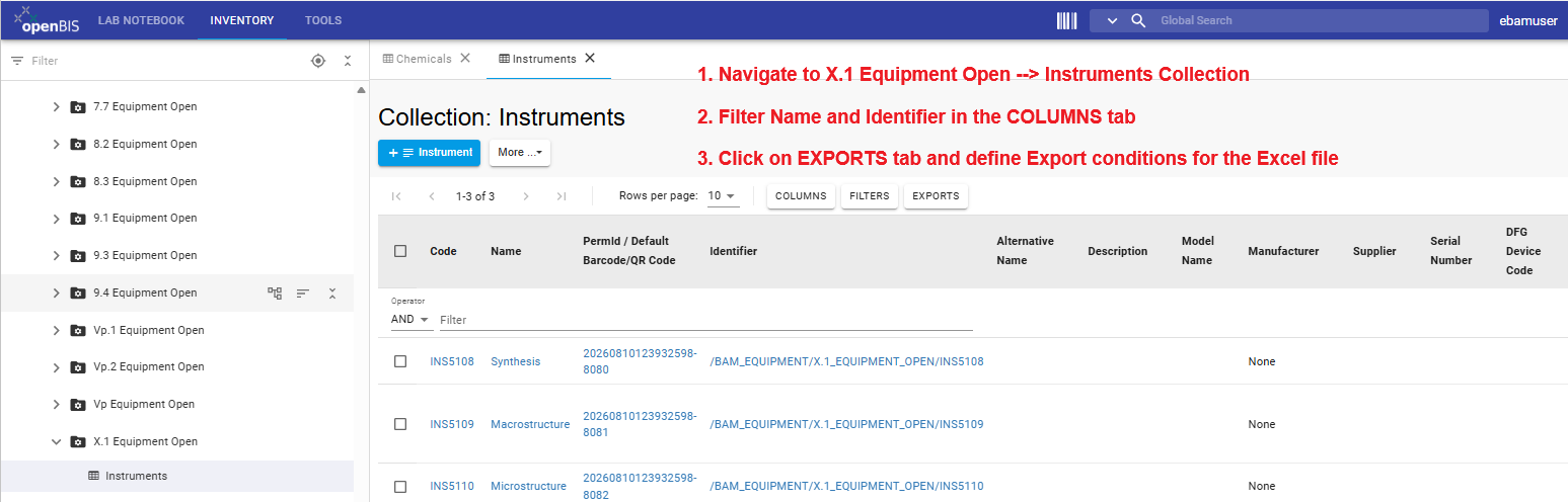 Navigate to Instruments collection and export Excel file with name and identifier for Batch updates