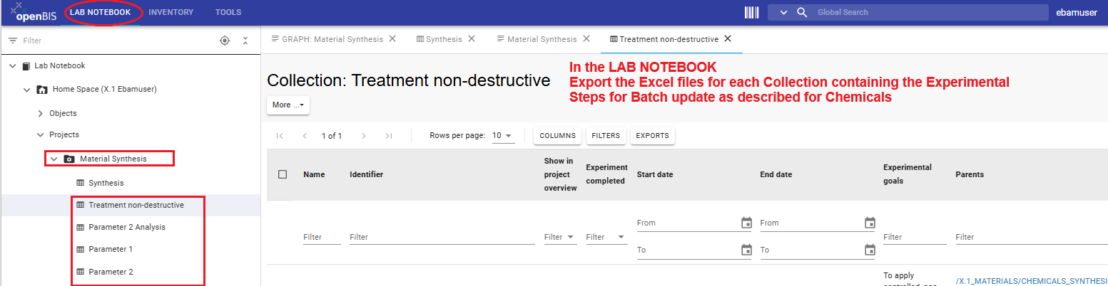 In the Lab Notebook navigate to each collection of Experimental steps and export the Excel file with name and identifier for Batch updates