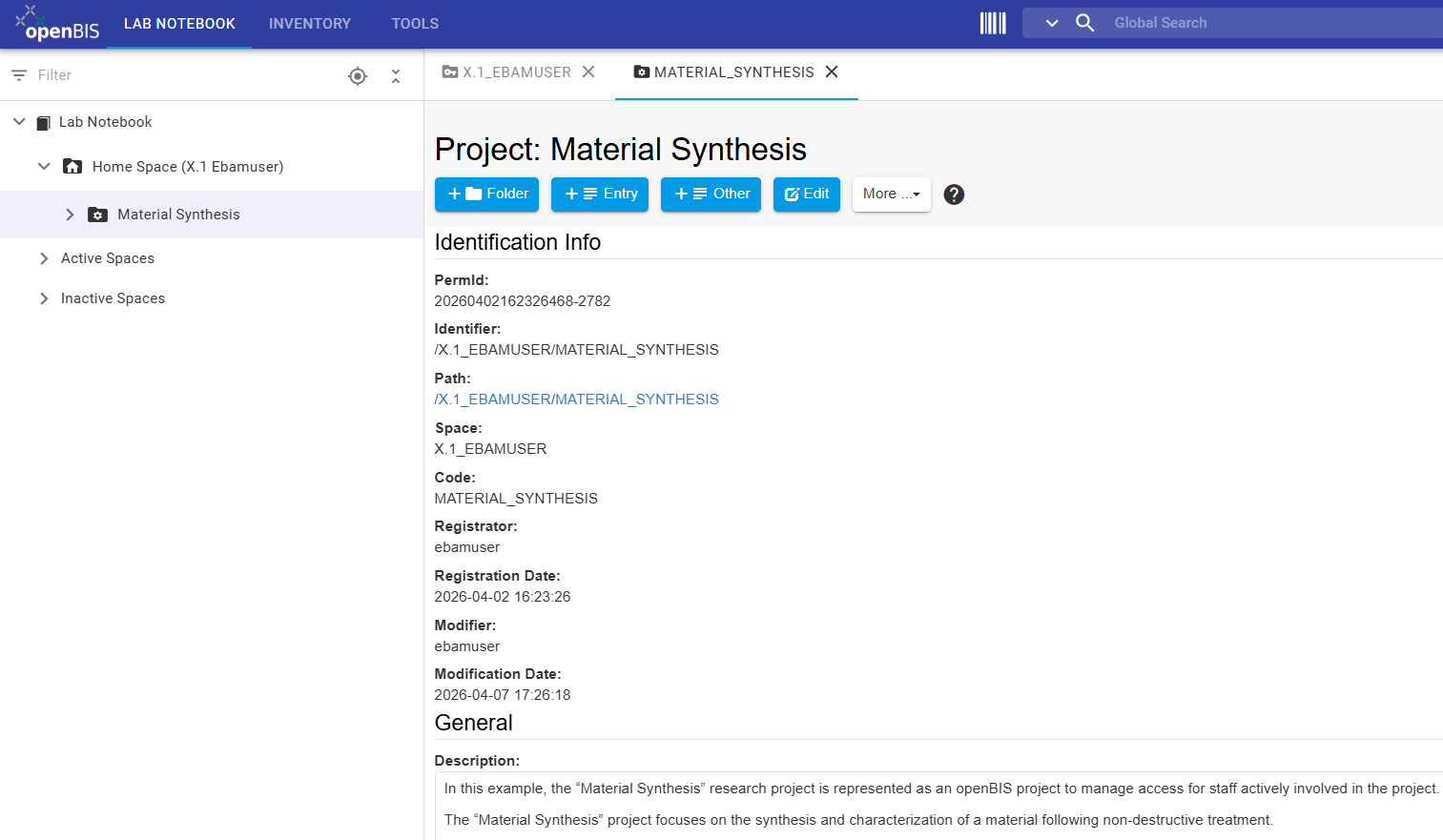 Saved project shown in the Home Space menu