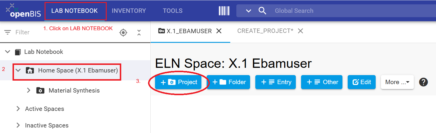 Lab Notebook interface showing how to start a new project