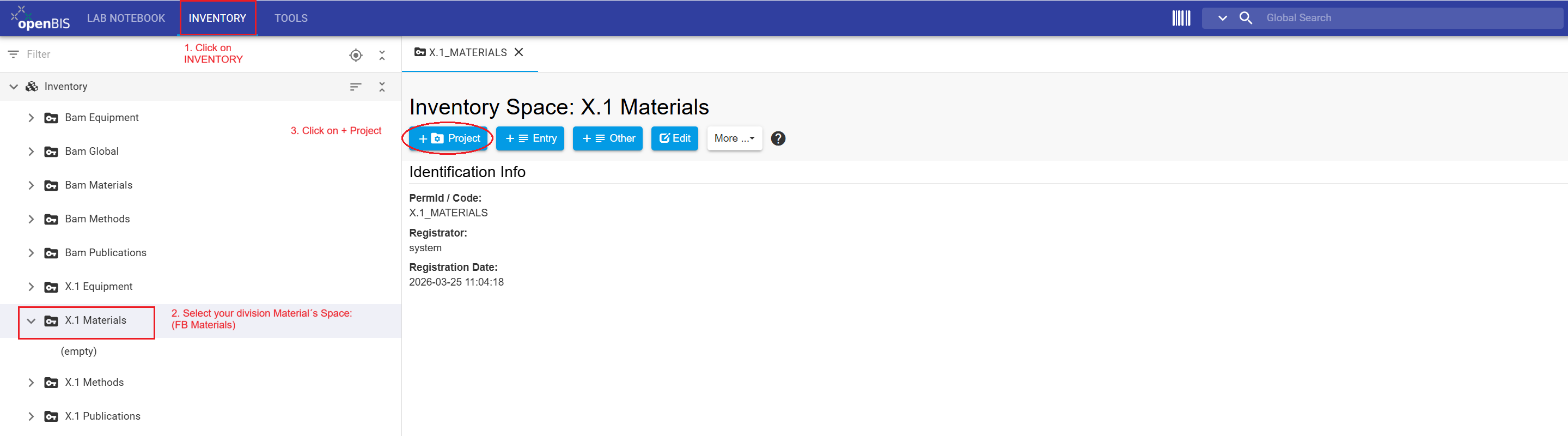 Inventory navigation to register a project