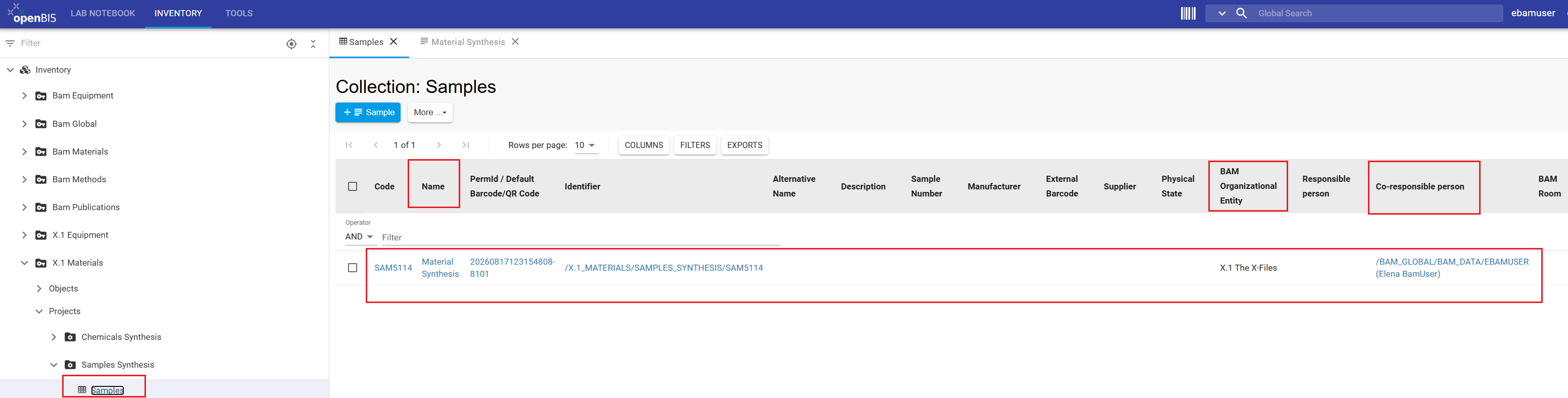 Overview registered sample in FB Inventory / Collection