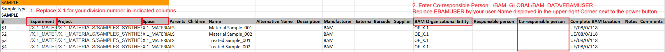 Samples Excel template with division and Co-responsible-person columns highlighted