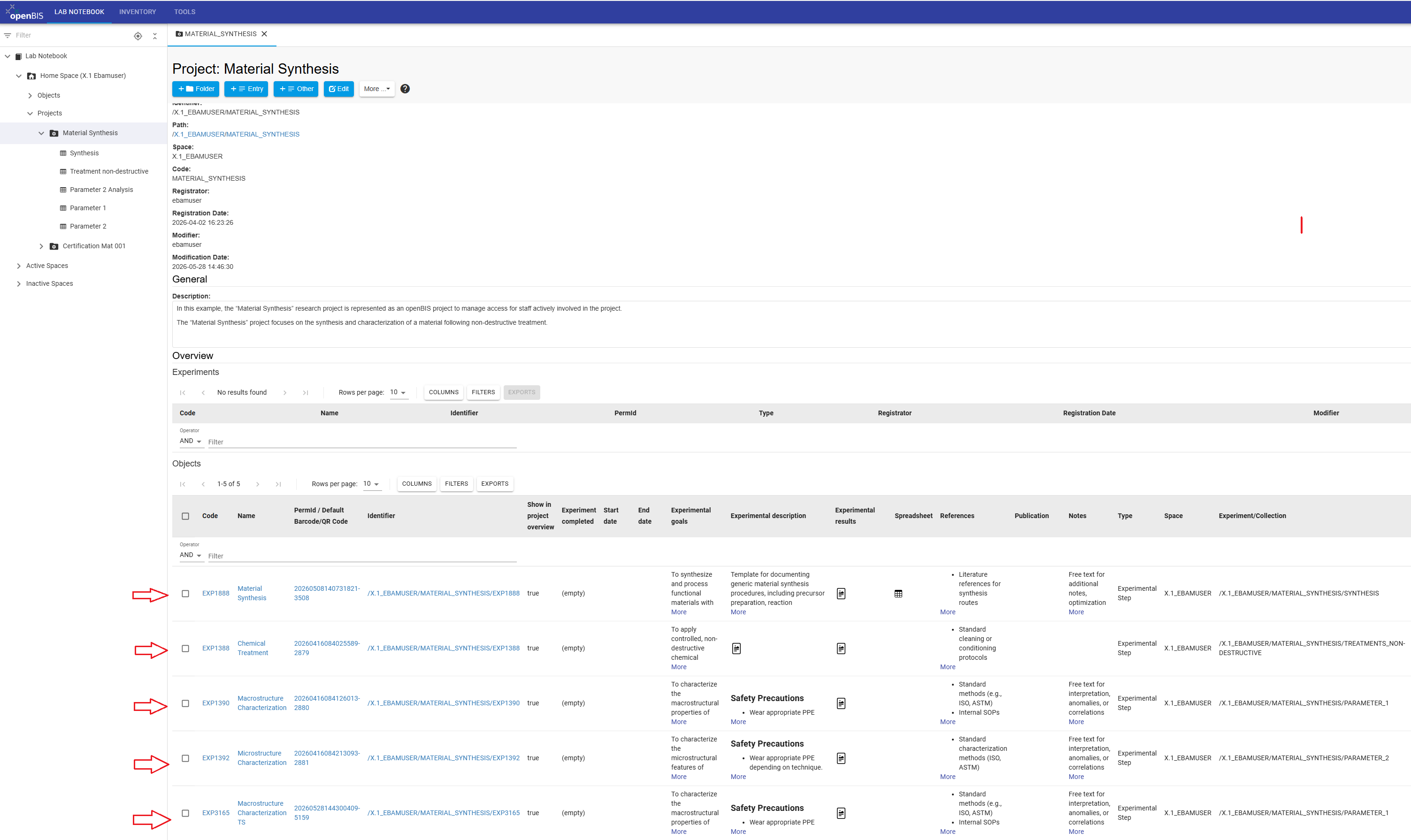 Project overview showing registered Experimental Steps