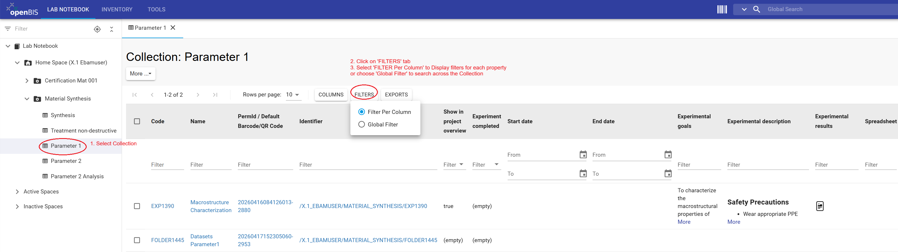 Column filters in a Collection